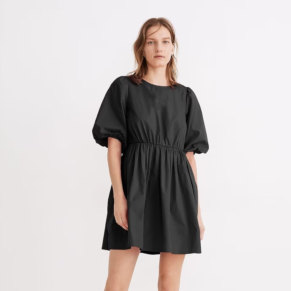 Madewell Poplin Crewneck Bubble-Sleeve Mini Dress w/ POCKETS - Black Size 2